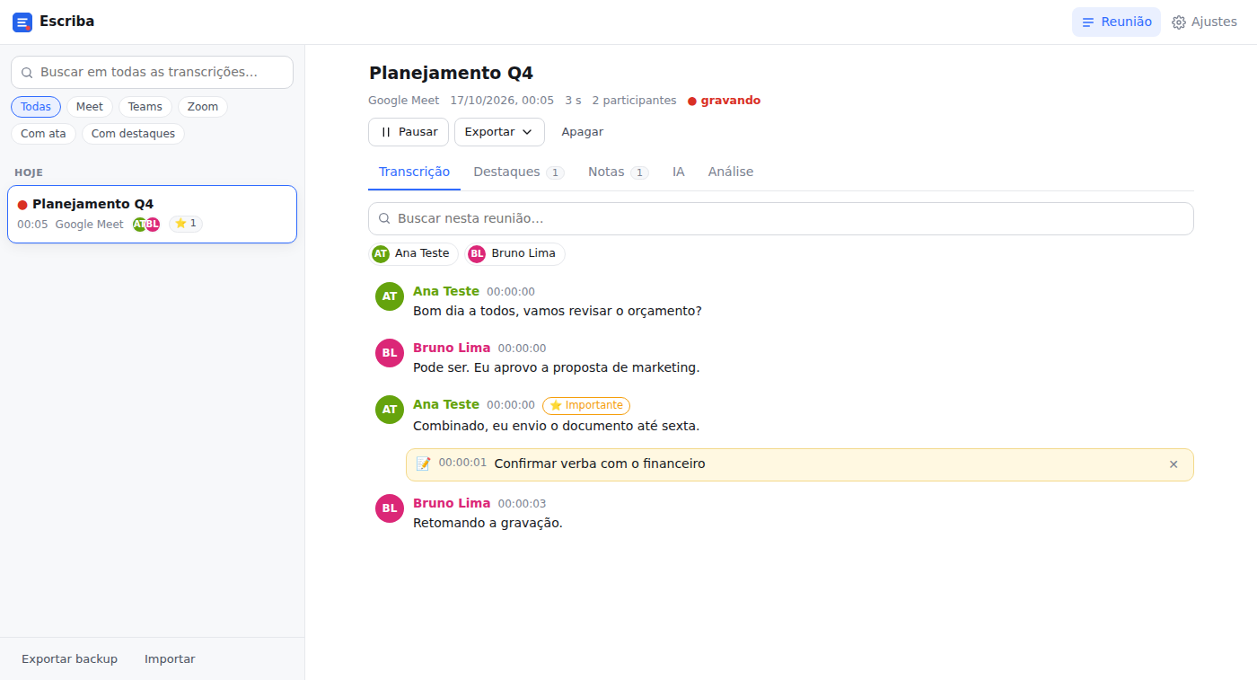 Transcrição no Escriba com participantes, destaque Importante e nota com horário