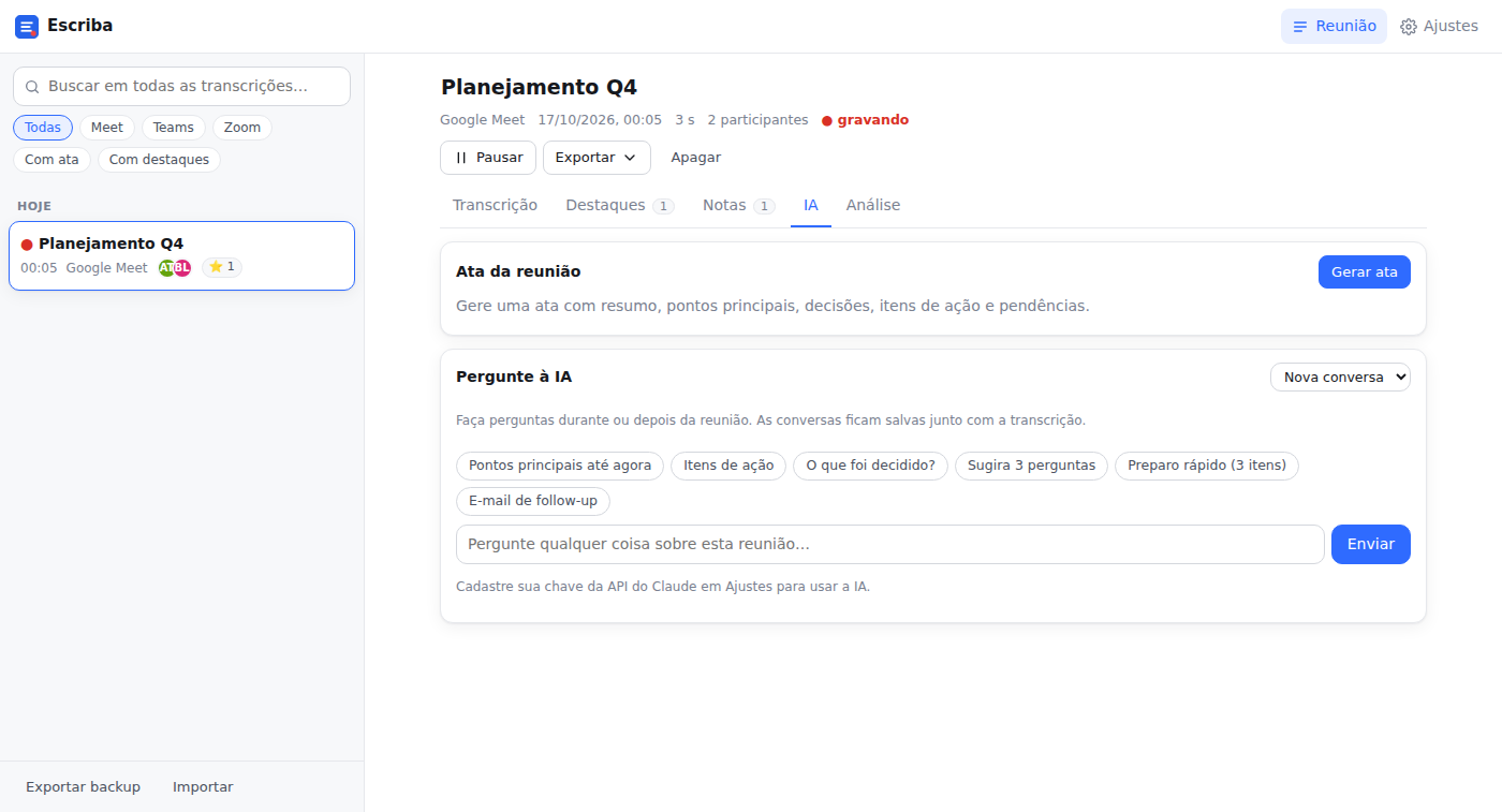Aba de IA com ata e sugestões de perguntas